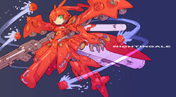  beam_rifle blue_background char&#039;s_counterattack char&#039;s_counterattack_-_beltorchika&#039;s_children character_name commentary_request energy_gun female full_body funnels_(gundam) green_eyes gundam looking_at_viewer mecha_musume nakayama_tooru nightingale_(gundam) simple_background solo thrusters weapon 