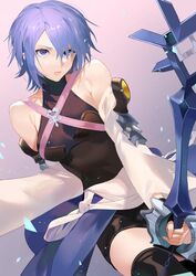  aqua_(kingdom_hearts) black_shorts black_thighhighs blue_eyes blue_hair breasts closed_mouth commission cowboy_shot detached_sleeves female holding holding_sword holding_weapon jagayamatarawo keyblade kingdom_hearts long_sleeves looking_at_viewer medium_breasts medium_hair pink_background rainfell shorts skeb_commission solo standing sword thighhighs weapon wide_sleeves 