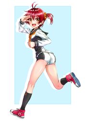  absurdres antenna_hair ass bickle_(bickle1983) black_sailor_collar commentary female full_body highres isshiki_akane looking_at_viewer national_shin_ooshima_school_uniform neckerchief open_mouth orange_eyes red_footwear red_hair round_teeth running sailor_collar salute school_uniform scrunchie serafuku shoes short_hair short_shorts shorts smile sneakers teeth twintails upper_teeth_only vividred_operation yellow_neckerchief 