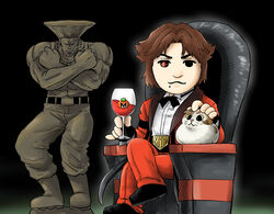  2boys capcom_vs_snk commentary_request cosplay crossed_arms crossed_legs cup drinking_glass feline guile highres kicdon looking_at_viewer maxim_tomato mii_(nintendo) multiple_boys petrification rugal_bernstein rugal_bernstein_(cosplay) sakurai_masahiro sitting smash_ball street_fighter super_smash_bros. the_king_of_fighters throne wine_glass 