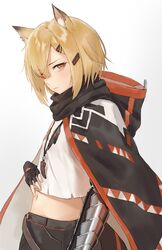  absurdres animal_ear_fluff animal_ears arknights arm_armor belt black_gloves black_scarf blonde_hair cape commentary_request crop_top female fingerless_gloves flat_chest fox_ears fox_girl from_side gloves hair_between_eyes hair_ornament hairclip highres hood hooded_cape jfjf looking_at_viewer navel notched_ear orange_eyes partial_commentary prosthesis prosthetic_arm scarf shirt short_hair solo vermeil_(arknights) white_shirt 