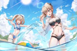  2girls ball barbara_(genshin_impact) beach beachball bikini blonde_hair blue_sky bow breasts closed_eyes day genshin_impact hairbow hat highres jean_(genshin_impact) korean_commentary long_sleeves multiple_girls navel ocean open_clothes outdoors partially_submerged pharamacom ponytail siblings sisters sky smile splashing sunlight swimsuit twintails water 