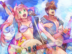  1boy 2022 :d animal_on_shoulder arm_up bad_id bad_pixiv_id bare_arms bikini bikini_top_only blue-tinted_eyewear blue_jacket blue_sky bow breasts brown_eyes brown_hair cloud collarbone cowboy_shot dated day female floating_hair from_below green_eyes guvava hair_intakes hairbow holding holding_instrument hood hooded_jacket instrument jacket kutsuno lens_flare long_hair macross macross_7 mylene_jenius nekki_basara open_clothes open_jacket open_mouth outdoors pink_hair plaid plaid_bikini ponytail purple_bikini red_bow round_eyewear short_hair short_shorts shorts sky sleeveless sleeveless_jacket small_breasts smile spiked_hair standing sunglasses sunlight swimsuit tinted_eyewear very_long_hair 