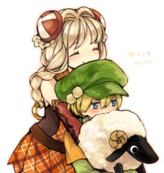  1boy animal bare_shoulders blonde_hair blush braid closed_eyes commentary_request farmer_(sekaiju) farmer_1_(sekaiju) female green_headwear hair_ornament hat height_difference highlander_(sekaiju_2) highlander_2_(sekaiju_2) holding holding_animal hug hug_from_behind kiharatta long_hair orange_skirt sekaiju_no_meikyuu sekaiju_no_meikyuu_3 sekaiju_no_meikyuu_x sheep shin_sekaiju_no_meikyuu_2 simple_background skirt smile straight white_background white_hair 