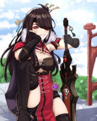  absurdres beidou_(genshin_impact) black_gloves blackcliff_slasher_(genshin_impact) blue_sky boots breasts brown_hair chinese_clothes cleavage cloud colored_eyepatch eyepatch female fingerless_gloves genshin_impact gloves grin hair_ornament hair_over_one_eye hair_stick hairpin hand_on_own_cheek hand_on_own_face highres holding holding_sword holding_weapon large_breasts leg_up long_hair o22no one_eye_covered outdoors pelvic_curtain red_eyes sitting sky smile solo sword thigh_boots thighhighs vision_(genshin_impact) weapon 