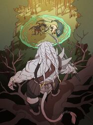  3boys braid branch cat_tail claws female fingernails forest grey_hair holding holding_sword holding_weapon injury kha&#039;zix kindred_(league_of_legends) lamb_(league_of_legends) league_of_legends looking_at_viewer mask multiple_boys nature on_tree outdoors rengar shadow sword tail tree weapon wolf_(league_of_legends) zaket07 