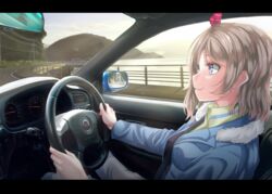  absurdres blue_eyes blue_jacket bow breasts bush car car_interior commentary driving female fur_trim grey_hair hairbow highres highway jacket letterboxed long_hair love_live! love_live!_sunshine!! medium_breasts mirror motor_vehicle mountain nanao_(m44132yf) ocean outdoors pants pink_bow pole railing right-hand_drive seatbelt short_hair side-view_mirror sidewalk sitting smile solo speedometer steering_wheel striped striped_bow subaru_(brand) subaru_legacy sunset tree watanabe_you white_pants 