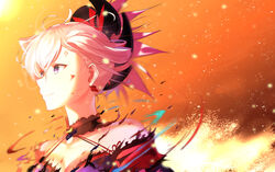  arito_arayuru bare_shoulders blue_eyes breasts choker cleavage closed_mouth detached_sleeves earrings fate/grand_order fate_(series) female floating_hair from_side hair_between_eyes hair_ornament hair_strand japanese_clothes jewelry looking_away miyamoto_musashi_(fate) miyamoto_musashi_(third_ascension)_(fate) orange_background pink_hair ponytail portrait smile solo torn_clothes wind 