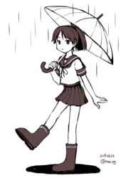  boots brown_eyes brown_footwear brown_hair brown_sailor_collar brown_skirt commentary_request dated female full_body holding holding_umbrella kantai_collection looking_at_viewer nao_(nao_eg) pleated_skirt ponytail rain rubber_boots sailor_collar school_uniform serafuku shikinami_(kancolle) short_hair skirt solo twitter_username umbrella 