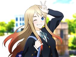  arm_up bag blazer blonde_hair blue_eyes blue_jacket blue_ribbon blurry blurry_background buttoned_cuffs buttons clenched_teeth commentary_request cosplay female gradient_hair highres holding holding_bag jacket k-on! kitagawa_marin kotobuki_tsumugi kotobuki_tsumugi_(cosplay) long_hair long_sleeves looking_at_viewer multicolored_hair nekonopapa one_eye_closed orange_hair outdoors ribbon sakuragaoka_high_school_uniform school_bag school_uniform shirt smile solo sono_bisque_doll_wa_koi_wo_suru teeth thick_eyebrows upper_body v white_shirt 