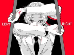  1boy awara_kayu black_background blood blood_on_hands commentary_request covered_mouth english_text holding jacket long_sleeves looking_at_viewer male_focus nakarai_keijin necktie parted_bangs red_background shirt short_hair simple_background solo tokyo_ghoul tokyo_ghoul:re weapon 