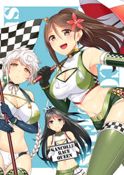  3girls absurdres adapted_costume amagi_(kancolle) armpits bare_shoulders belt black_hair blue_background blue_eyes blush boots braid breasts brown_eyes brown_hair character_name checkered_flag cleavage cleavage_cutout closed_mouth clothing_cutout elbow_gloves flag flagpole flat_chest flower gloves green_legwear hair_flower hair_ornament highres holding holding_flag holding_sign holding_umbrella horosuke kantai_collection katsuragi_(kancolle) large_breasts leaf looking_at_viewer maple_leaf midriff miniskirt mole mole_under_eye multiple_girls navel open_mouth race_queen shiny_skin shorts sign simple_background single_braid skirt sleeveless smile thigh_boots thighhighs tied_hair umbrella unryuu_(kancolle) white_hair yellow_eyes 