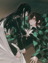  1boy belt belt_buckle black_hair black_jacket black_skirt blunt_ends bright_pupils brown_hair buckle bug butterfly checkered_haori chinese_commentary commentary_request cowgirl_position demon_slayer_uniform earrings female film_grain gradient_hair hair_between_eyes hair_ornament haori holding jacket japanese_clothes jewelry kamado_tanjirou kimetsu_no_yaiba long_hair long_sleeves looking_at_another miniskirt multicolored_hair on_floor on_person parted_bangs parted_lips pleated_skirt shirt short_hair skirt straddling straight tsuyuri_kanao wanke white_belt white_pupils white_shirt wooden_floor 