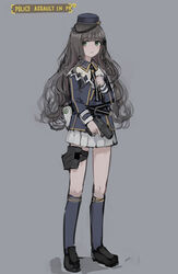  black_footwear blue_jacket blue_socks blunt_bangs brown_hair commentary english_text female full_body girls&#039;_frontline green_eyes grey_background gun h&amp;k_usp_compact handgun hat highres holding holding_weapon jacket kneehighs leg_holster long_hair long_sleeves miniskirt open_mouth payday_(series) pleated_skirt rampart1028 shoes simple_background skirt socks solo standing usp_compact_(girls&#039;_frontline) wavy_hair weapon white_skirt 