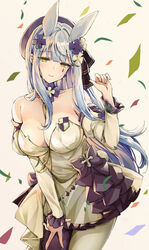  bare_shoulders blue_hair blush breasts cleavage commentary cross cross_necklace dress earrings female girls&#039;_frontline green_eyes grey_hair ha9na hair_ribbon highres hk416_(girls&#039;_frontline) hk416_(herbal-flavored_hard_candy)_(girls&#039;_frontline) jewelry large_breasts light_blue_hair long_hair looking_at_viewer necklace official_alternate_costume ribbon solo white_background 