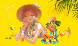  artist_name bare_shoulders blackberry_(fruit) blue_eyes blueberry bracelet breasts cherry cleavage cocktail_glass cup dekooop drink drinking_glass drinking_straw earrings female flower food fruit glass hand_on_own_cheek hand_on_own_face hat hat_flower highres jewelry lemon light_smile lime_(fruit) lipstick long_hair looking_at_viewer makeup mango medium_breasts mole mole_under_mouth nail_polish neck_ribbon orange_(fruit) original papaya peony_(flower) pink_flower pink_hair plate raspberry red_flower red_nails ribbon ring shadow signature smile solo straw_hat strawberry white_flower yellow_background 