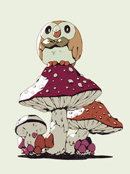  bird bluekomadori brown_eyes closed_mouth commentary english_commentary foongus grey_background looking_at_viewer mushroom no_humans owl pokemon pokemon_(creature) rowlet 