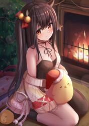  ahoge azur_lane bare_shoulders bell blush breasts brown_hair cleavage commentary_request female fire fireplace hair_between_eyes hair_ornament hat horns isuzu_(azur_lane) isuzu_(cozy_christmas_eve)_(azur_lane) long_hair long_sleeves looking_at_viewer manda_(manda9n) manjuu_(azur_lane) medium_breasts off_shoulder red_eyes revision santa_hat side_ponytail sleeves_past_wrists sweater 