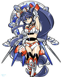  android bikini blue_eyes blue_hair commentary_request dark_blue_hair dated detached_sleeves female foot_out_of_frame hair_ribbon halo halo_behind_head head_chain hexagon_print highres jewelry leg_armor long_hair low-braided_long_hair low-tied_long_hair otohime_(housamo) r-te_(restricted_te) ribbon sidelocks signature simple_background solo swimsuit tokyo_afterschool_summoners very_long_hair white_background 