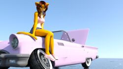  16:9 2020 3d_(artwork) anthro biped bottomwear car clothed clothing cutoffs denim denim_bottomwear denim_clothing digital_media_(artwork) domestic_cat felid felin feline felis female footwear hair hi_res kawaoneechan letrune mammal motor_vehicle on_car on_hood shirt shoes shorts sitting_on_car sitting_on_vehicle skirt smile solo tank_top topwear vehicle vintage_car widescreen 