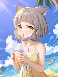  1boy 2girls absurdres adapted_costume animal_ear_fluff animal_ears bare_arms bare_shoulders blue_one-piece_swimsuit blue_sky blunt_tresses blush brown_hair cat_ears chest_jewel cloud collarbone cup day disposable_cup dress drinking drinking_straw facial_mark hair_ribbon highres holding holding_cup horizon lens_flare multiple_girls nia_(fancy_sundress)_(xenoblade) nia_(xenoblade) nopon ocean one-piece_swimsuit outdoors poppi_(xenoblade) poppi_alpha_(swim_lesson)_(xenoblade) poppi_alpha_(xenoblade) ribbon roi_(liu_tian) short_hair sidelocks sky sleeveless sleeveless_dress snorkel spoilers sundress sunlight swimsuit tora_(best_girl_fan)_(xenoblade_2) tora_(xenoblade_2) tress_ribbon upper_body v-shaped_eyebrows water xenoblade_chronicles_(series) xenoblade_chronicles_2 yellow_dress yellow_eyes yellow_ribbon 