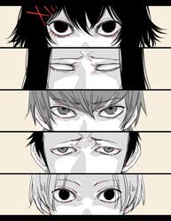  5boys abara_hanbee awara_kayu black_eyes black_hair close-up commentary_request earrings eye_focus hair_between_eyes hair_ornament jewelry long_hair looking_at_viewer male_focus mikage_miyuki multiple_boys nakarai_keijin no_pupils short_hair simple_background suzuya_juuzou tamaki_mizurou tokyo_ghoul tokyo_ghoul:re x_hair_ornament 