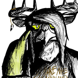  1:1 anthro antlers artamid avian bajer_(jurij_bajer) banana beak bird clothed clothing corvid cracticinae currawong english_text food fruit hair holarctic_magpie holding_object horn hybrid jewelry jurij_bajer long_hair looking_at_viewer magpie_(corvid) male monochrome oscine passerine pendant plant solo text yellow_sclera 