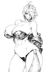  absurdres angel_(kof) bonten bra breasts cropped_jacket female greyscale hair_over_one_eye highres jacket large_breasts leather leather_jacket looking_at_viewer monochrome panties snk strapless strapless_bra the_king_of_fighters the_king_of_fighters_xiv the_king_of_fighters_xv toned tongue tongue_out underwear 