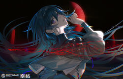  black_background black_jacket black_vest blue_eyes blue_hair bullet dekooop earrings eyelashes female finger_to_mouth fingernails jacket jewelry kamitsubaki_studio koko_(kamitsubaki_studio) long_hair looking_at_viewer mole mole_under_mouth moon open_mouth red_moon shushing simple_background solo upper_body very_long_hair vest virtual_youtuber 