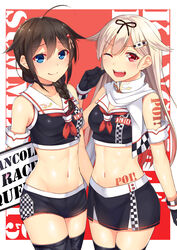  2girls absurdres adapted_costume ahoge black_gloves blonde_hair blue_eyes blush body_writing braid breasts brown_hair catchphrase checkered choker closed_mouth collarbone gloves hair_flaps hair_ornament hair_ribbon hairclip highres holding horosuke kantai_collection long_hair looking_at_viewer medium_breasts midriff miniskirt multiple_girls navel one_eye_closed open_mouth poi race_queen red_background red_eyes ribbon scarf school_uniform serafuku shigure_(kancolle) shigure_kai_ni_(kancolle) shiny_skin short_shorts shorts simple_background single_braid skirt smile stomach tattoo thighhighs tied_hair yuudachi_(kancolle) yuudachi_kai_ni_(kancolle) zettai_ryouiki 