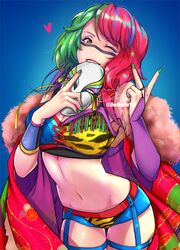  asuka_(wrestler) blue_background breasts brown_eyes cleavage female fur_collar green_eyes green_nails heart highres holding holding_mask kabuki lipstick looking_at_viewer makeup mask meowyin multicolored_hair nail_polish navel one_eye_closed pink_hair real_life teeth v wrestling_outfit wwe 