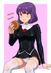  agent_aika aika_(series) ascot black_delmo black_delmo_leader black_jacket black_skirt bob_cut breasts brown_eyes burger cameltoe commentary_request crotch_seam delmogeny_uniform eating english_commentary female food highres holding holding_food jacket juliet_sleeves long_sleeves looking_at_viewer medium_breasts mixed-language_commentary panties pleated_skirt puffy_sleeves purple_hair red_ascot short_hair sitting skirt solo thighhighs thighs tsukemon underwear uniform white_panties white_thighhighs 