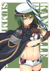  absurdres adapted_costume anchor_print anchor_symbol blush breasts brown_gloves cape checkered cleavage closed_mouth eyepatch female gloves green_background green_eyes green_hair hat highres holding horosuke kantai_collection kiso_(kancolle) kiso_kai_ni_(kancolle) looking_at_viewer medium_breasts midriff navel race_queen shiny_skin short_hair shorts simple_background smile solo tattoo thighhighs umbrella zipper zipper_pull_tab 