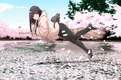  absurdres black_hair black_pants blunt_bangs blush broom broom_riding cherry_blossoms chito_(flying_witch) commentary_request denim feline female floating flying_witch green_eyes highres hood hooded_jacket ishizuka_chihiro jacket jeans kowata_makoto landscape long_hair looking_at_viewer lying on_stomach outdoors pants petals shoes smile sneakers solo spring_(season) straight_hair 