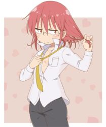  androgynous black_pants blush brown_eyes closed_mouth collared_shirt cowboy_shot female glasses hair_between_eyes heart kobayashi-san_chi_no_maidragon kobayashi_(maidragon) long_sleeves medium_hair motokazu_(dontokodon) necktie office_lady open_clothes open_shirt pants red_hair semi-rimless_eyewear shirt solo white_shirt yellow_necktie 