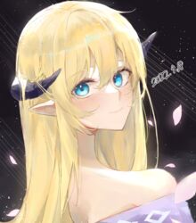  arknights bare_shoulders blonde_hair blue_eyes blush dated dress female hair_between_eyes highres horns long_hair looking_at_viewer off-shoulder_dress off_shoulder official_alternate_costume portrait saileach_(appreciate_fragrance)_(arknights) saileach_(arknights) smile solo yuri_(llinn) 