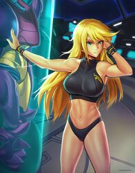  absurdly_long_hair armpits assault_visor bangle bare_shoulders black_panties blonde_hair blue_eyes blue_visor bracelet breasts commentary crop_top english_commentary female gravity_suit_(metroid) highres hybridmink impossible_clothes jewelry large_breasts long_hair looking_to_the_side metroid midriff navel panties samus_aran smile solo standing super_metroid toned underwear very_long_hair wristband 