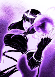  an&#039;no_natsume bandages bob_cut breasts circlet commentary_request crystal_ball female highres large_breasts menat midriff monochrome naked_bandage navel purple_theme smile solo street_fighter street_fighter_v upper_body usekh_collar 