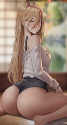  ass bare_shoulders barefoot black_shorts blonde_hair blurry blurry_background chainsaw_man commentary female from_behind hair_between_eyes highres horns long_hair long_sleeves looking_at_viewer looking_back orange_eyes patreon_username power_(chainsaw_man) red_horns shexyo shirt shorts sitting soles solo wariza white_shirt 