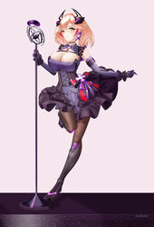  absurdres armored_boots artist_name azur_lane black_dress black_pantyhose boots breasts cleavage commentary dress elbow_gloves female frills full_body gloves headgear highres holding holding_microphone_stand large_breasts layered_dress leg_up microphone_stand multicolored_hair orange_eyes orange_hair pantyhose red_hair roon_(azur_lane) roon_(muse)_(azur_lane) scrunchie shinalpha simple_background solo streaked_hair two-tone_hair wrist_scrunchie 