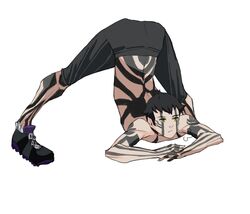  1boy absurdres ass black_hair commentary demi-fiend flexible full-body_tattoo full_body highres jack-o&#039;_challenge looking_at_viewer male_focus meme mochigana shin_megami_tensei shin_megami_tensei_iii:_nocturne short_hair simple_background solo spread_legs tattoo top-down_bottom-up topless_male white_background yellow_eyes 