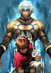  2boys aura blue_background brown_hair chris_(kof) closed_mouth glowing glowing_eyes grey_pants hungry_clicker jewelry male_focus multiple_boys necklace on_one_knee orochi_(kof) orochi_chris pants pectorals red_eyes red_shirt serious shirt short_sleeves smile tattoo the_king_of_fighters topless_male white_hair wristband 