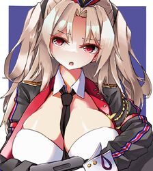  between_breasts black_jacket black_necktie blonde_hair blue_background border breasts commentary_request female girls&#039;_frontline gun h&amp;k_vp70 handgun hat highres holding holding_gun holding_weapon jacket large_breasts looking_at_viewer necktie necktie_between_breasts open_mouth red_eyes sidelocks simple_background solo straight-on two_side_up upper_body vp70_(girls&#039;_frontline) weapon white_border yanagui_yugi 