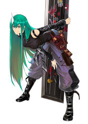  absurdres alternate_costume arknights bent_over between_legs black_footwear black_shirt boots breasts closed_mouth clothing_cutout commentary cross-laced_footwear female full_body green_hair grey_pants hair_between_eyes hand_between_legs highres horns hoshiguma_(arknights) hoshiguma_(ronin_huntress)_(arknights) jewelry large_breasts leaning_forward long_hair long_sleeves mask necklace official_alternate_costume oni_mask pants photoshop_(medium) pouch scar scar_on_face shidai shield shirt shoulder_cutout simple_background single_horn skin-covered_horns smile smirk solo standing sticker straight_hair symbol-only_commentary thigh_pouch turtleneck white_background yellow_eyes 