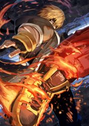  1boy blonde_hair boots brown_eyes brown_jacket fingerless_gloves fire glaring gloves hair_over_one_eye highres incoming_kick jacket ken_masters kicking kuroi_susumu looking_at_viewer male_focus muscular muscular_male pants red_pants shaded_face solo street_fighter street_fighter_6 yellow_footwear 