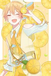  1boy ;d ascot bag beret blonde_hair border clothing_cutout collared_shirt commentary_request cowboy_shot food food-themed_bag fruit fruit_hat_ornament hachimitsu_lemo-lemon_(project_sekai) hair_between_eyes hand_up hat highres holding holding_food holding_fruit lemon lemon_slice looking_at_viewer male_focus oerba_yun_fang one_eye_closed open_mouth orange_eyes outside_border project_sekai sakura_(ha1gf2ickzycwxy) shirt short_hair shoulder_bag shoulder_cutout smile solo tenma_tsukasa two-sided_fabric vest white_border white_hat white_shirt yellow_ascot yellow_background yellow_eyes yellow_theme yellow_vest 