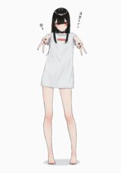  absurdres barefoot black_choker black_hair black_nails blunt_bangs blush brand_name_imitation choker commentary_request double_v enokawa_kokoro_(hara_kenshi) facial_mark female full_body gyaru_v hair_between_eyes hara_kenshi highres legs long_hair long_shirt looking_at_viewer mole mole_under_mouth nail_polish naked_shirt no_pants original outstretched_arms red_eyes shadow shirt short_sleeves simple_background solo standing supreme_(brand) t-shirt toes translation_request v white_background white_shirt 