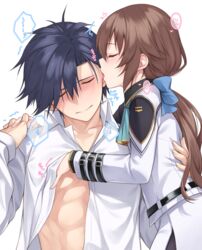  1boy assertive_female black_hair blush brown_hair closed_eyes commentary eiyuu_densetsu female hakuleg holding_hands interlocked_fingers licking licking_ear long_hair nipple_stimulation nipple_tweak open_clothes open_shirt ponytail rean_schwarzer sen_no_kiseki sen_no_kiseki_iii short_hair straight towa_herschel white_background 