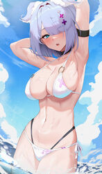  arm_strap armpits arms_up bare_shoulders bikini black_choker blue_eyes blue_hair breasts choker cleavage cloud cloudy_sky day elira_pendora female hair_over_one_eye halterneck head_wings highleg highleg_bikini highres large_breasts lessone looking_at_viewer mole mole_on_shoulder multi-strapped_bikini_bottom navel nijisanji nijisanji_en ocean one_eye_covered open_mouth outdoors short_hair side-tie_bikini_bottom skindentation sky standing stomach string_bikini swimsuit thighs virtual_youtuber wading water wet white_bikini wings 