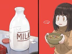  ... bottle bottle_cap bowl brown_hair cereal cereal_box disappointed english_text female food highres holding holding_bowl jun_(navigavi) little_sister_(navigavi) lolicon medium_hair milk_bottle original red_background simple_background solo spilled_milk spoken_ellipsis sweater table turtleneck turtleneck_sweater 